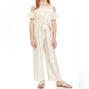 Bonnie Jean Sparkle Stripe Ruffle Off the Shoulder Square Neck Jumpsuit Size 10
